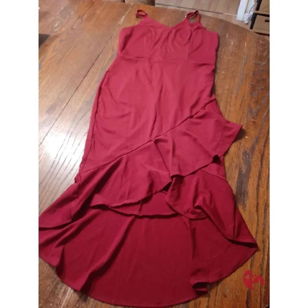 New Medium Lyaner Red Spaghetti Strap Ruffle High Low Dress NWOT